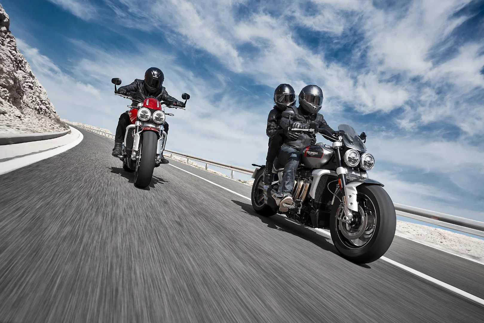 The 2020 Triumph Rocket 3 R on the left and GT on the right