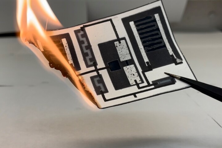 The paper circuit board is completely rendered to ash when burned – not an entirely "green" method of disposal, but perhaps better than leaving its components to leach into the environment