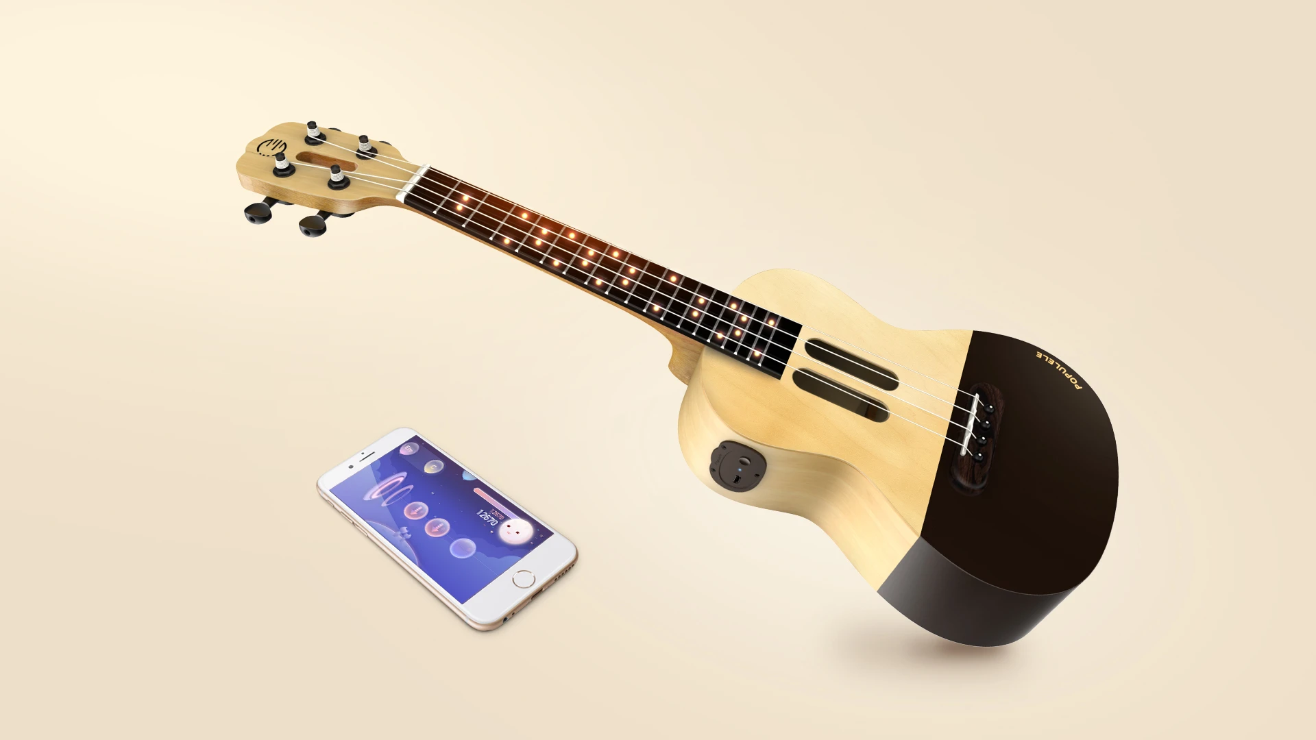 The Populele connects via Bluetooth to a smart device running a learning app, which lights up finger positions on the fretboard to teach chords and songs