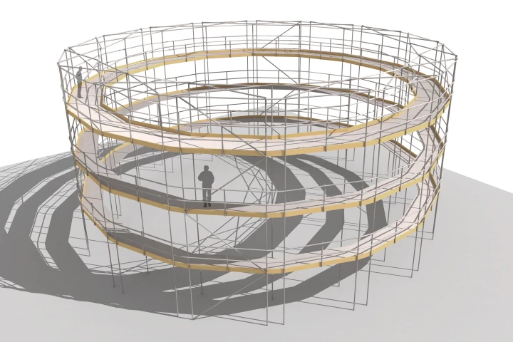 The Paper Bale Theater is a 135-seat circular theater concept that can be employed for temporary performances (Image: Studio Andrew Todd)