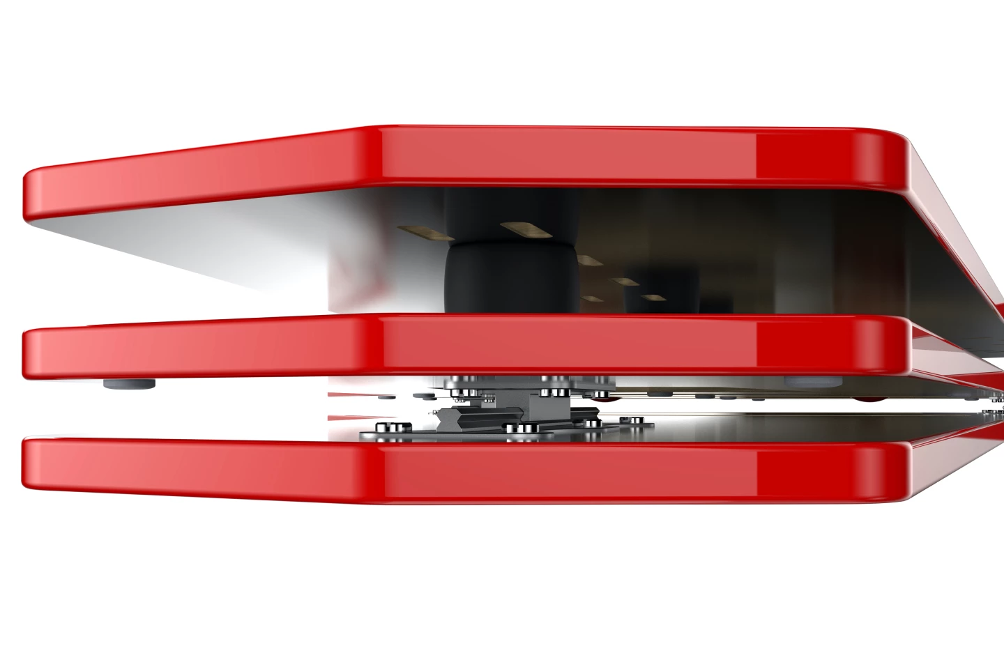 A peek between the RPV2's boards, with one of the elastomer spacers visible at the top (the inflatable balls are located towards the back), and one of the rails visible at the bottom