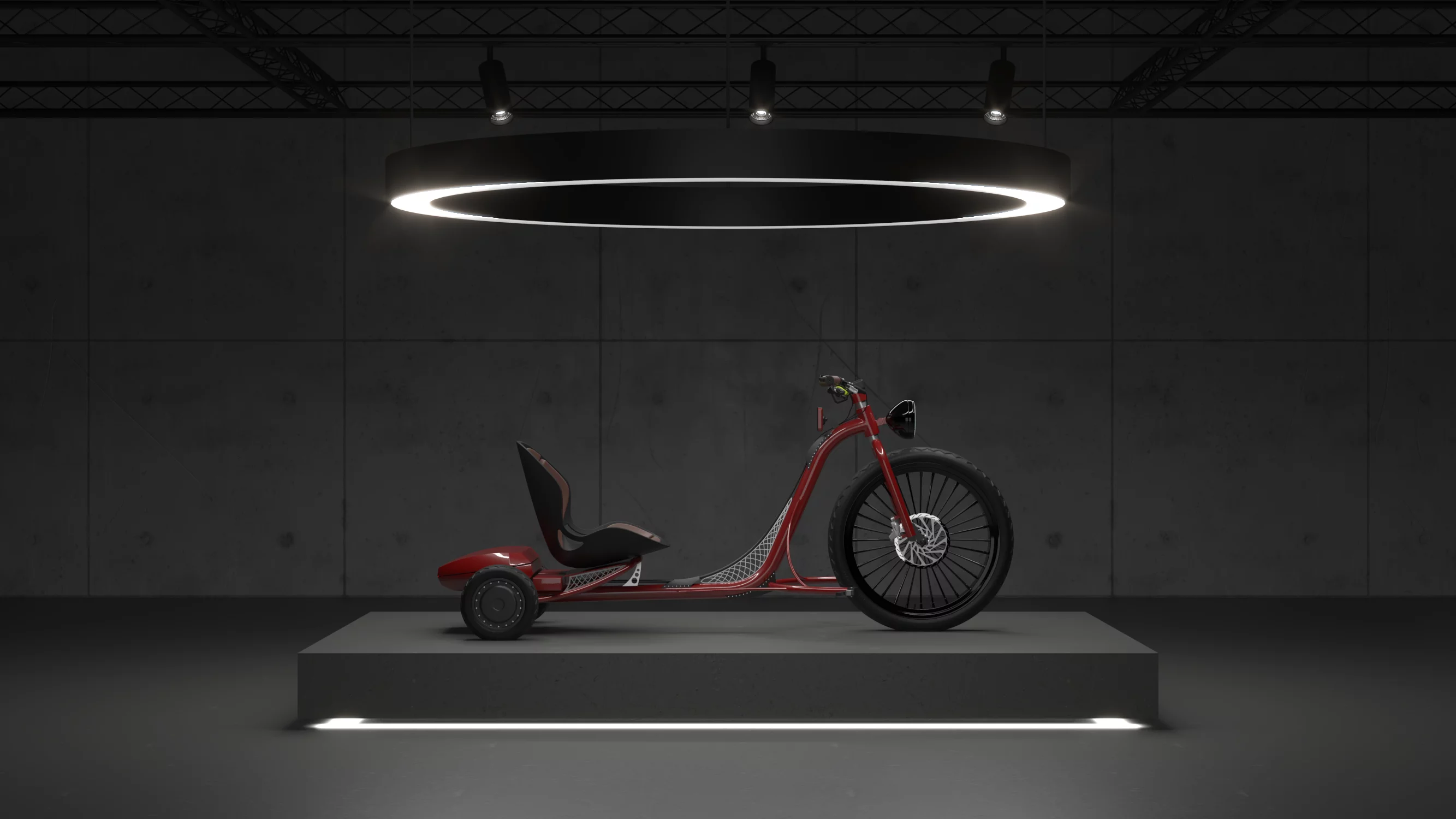 A 20-inch fat tire to the front and two rear hub wheels with 6.5-inch tires