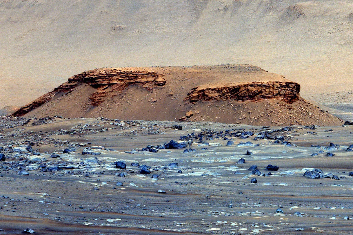A false-color image, snapped by the Perseverance rover, of a butte nicknamed Kodiak. Scientists say the images demonstrate geological evidence of an ancient river delta
