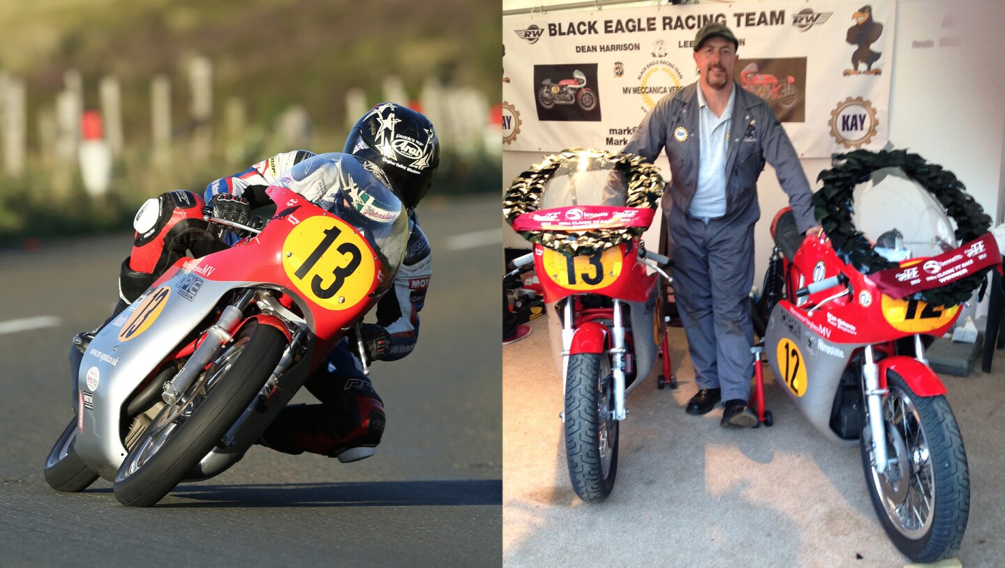 At left, Lee Johnston on the MV Agusta 500 triple. At right, Mark Kay, with two 500 triples, after his babies finished first and third in the Classic TT at the IOM. Mark estimates the price to create a new 500 three-cylinder replica like this one would be in the vicinity of GBP £115,000 to £120,000, so the auctioneer's estimate of £70,000 to £90,000 would represent a significant discount on a new replica price.