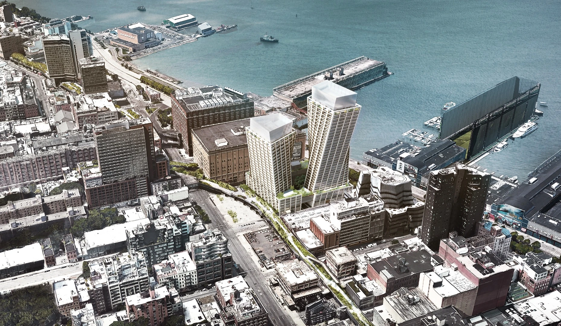 The XI towers are located in Chelsea, Manhattan, next to the High Line elevated park