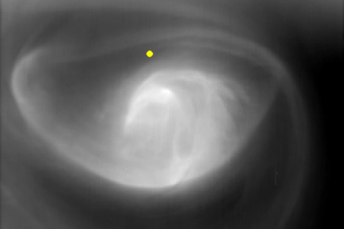 Image of the Venusian atmosphere at 60km over the south pole (yellow dot) using Visible and Infrared Thermal Imaging Spectrometer (VIRTIS) on board Venus Express (Image: ESA/VIRTIS/INAF-IASF/Obs. de Paris-LESIA/University of Oxford)