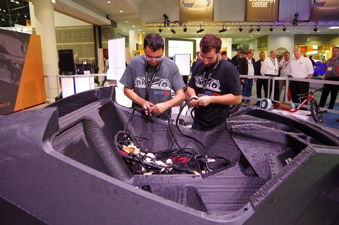 Components such as electronics and mechanical parts were added to the printed portion of the Strati