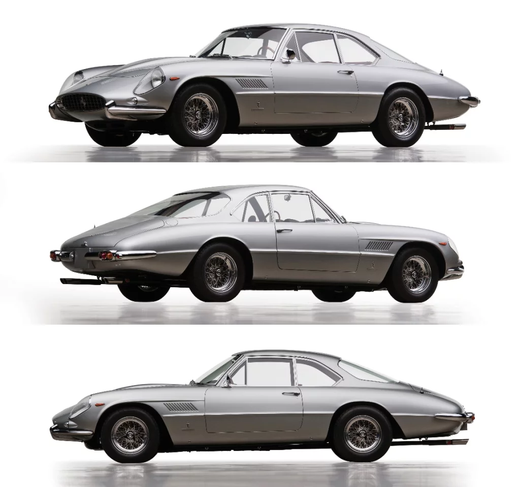 The fifteenth of 18 Series II long-wheelbase examples built by Ferrari, this <span>1963 400 Superamerica LWB Coupe Aerodinamico by Pininfarina (</span>Lot 196) is a meticulously restored specimen in its original colors of Grigio Argento over Red leather. It was a Platinum winner at the 2011 Cavallino Classic. A matching-numbers example, it is was the thirty-second of a total of thirty-five 400 Superamericas constructed in total.