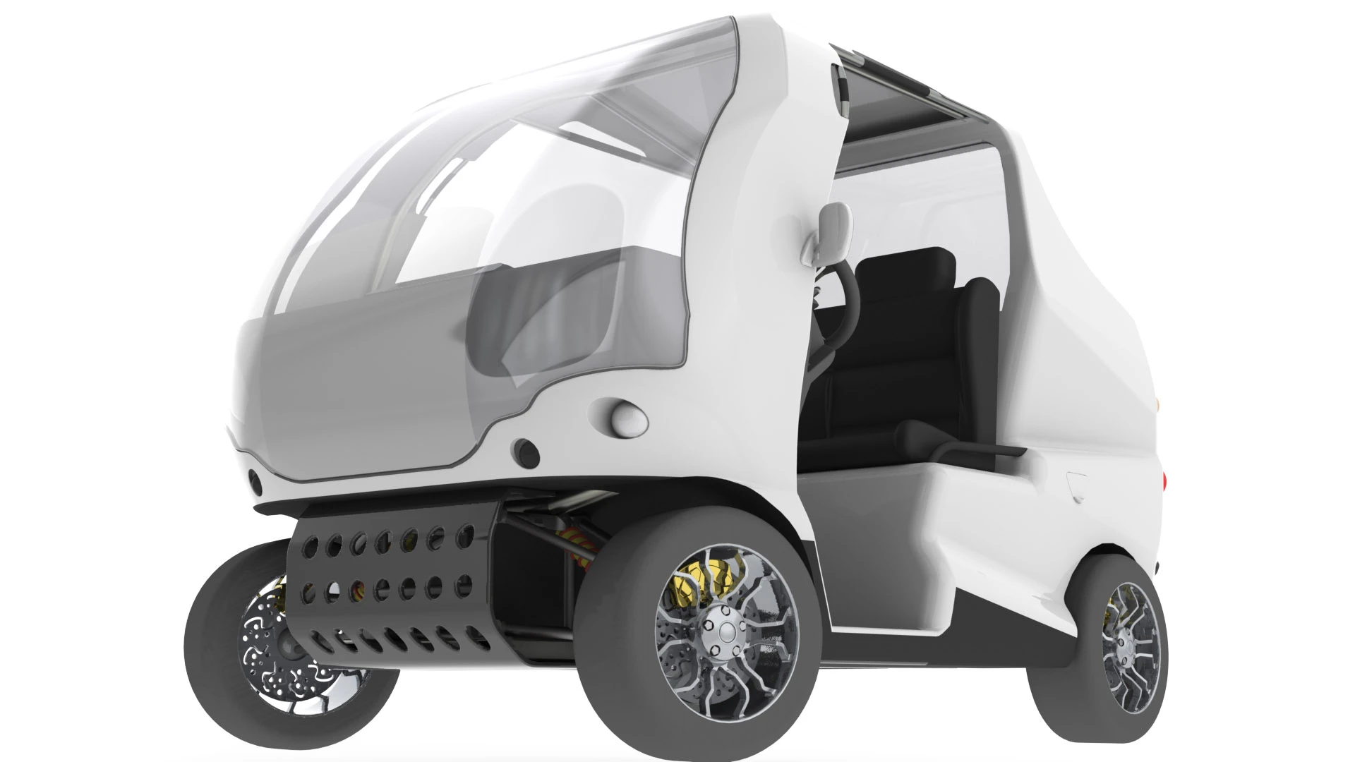The Bug-E will have a welded box steel, powder-coated chassis surrounded by a Reaction Injection Molding (RIM) Polypropylene body with high density foam internal paneling and lightweight tubular steel internal support