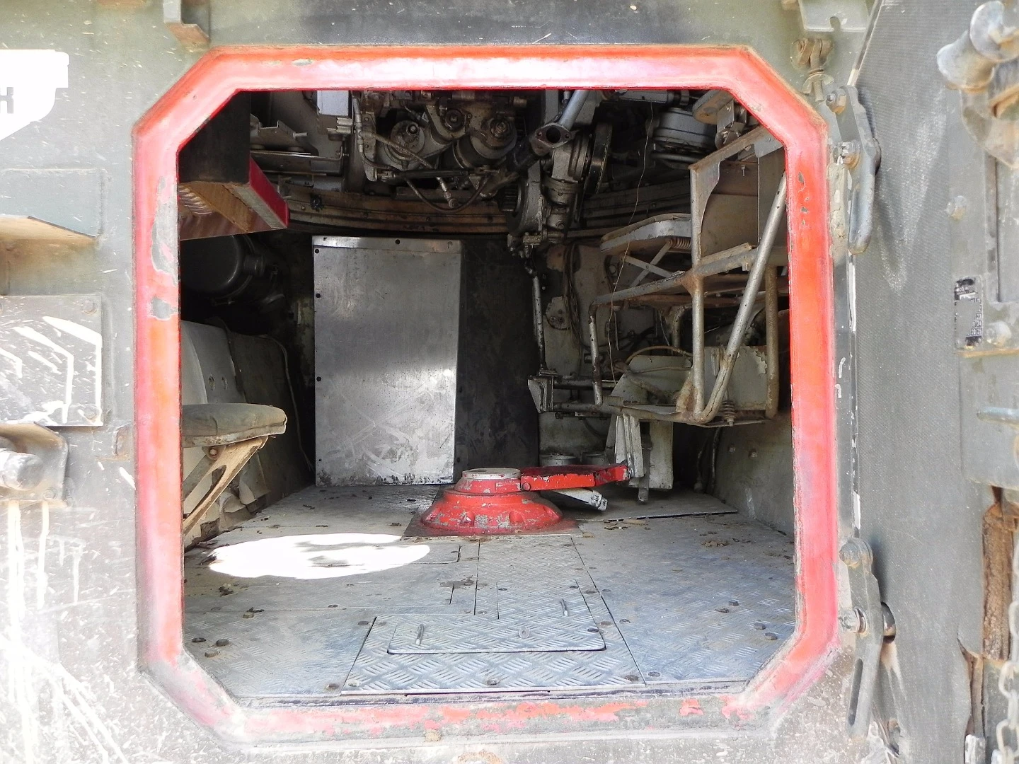 The two man crew inside the Abbot FV433 SPG enters through this rear portal