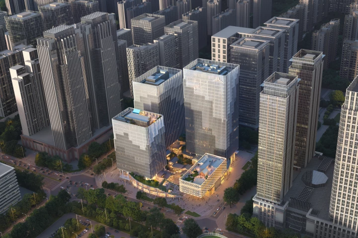 From smallest to tallest, Chengdu Jiaozi Courtyard Towers' three skyscrapers will reach a height of 80 m (262 ft), 100 m (328 ft) and 130 m (456 ft)
