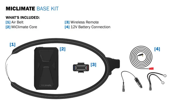 The MiClimate can be powered by a battery on your belt, or attached to a motorbike battery