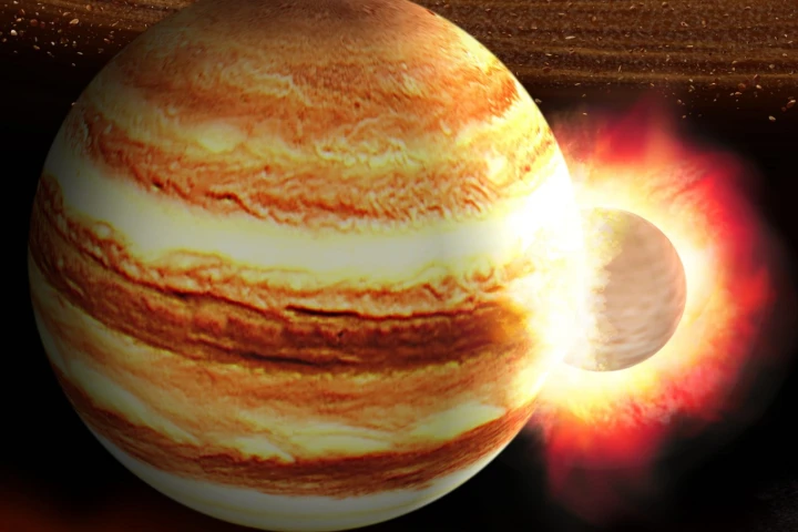 An artist's impression of a collision between Jupiter and a large, ancient planetoid that would have disrupted its core
