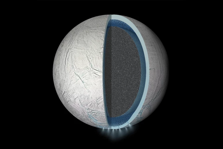 Illustration of the interior of Saturn's moon Enceladus showing a global liquid water ocean between its rocky core and icy crust