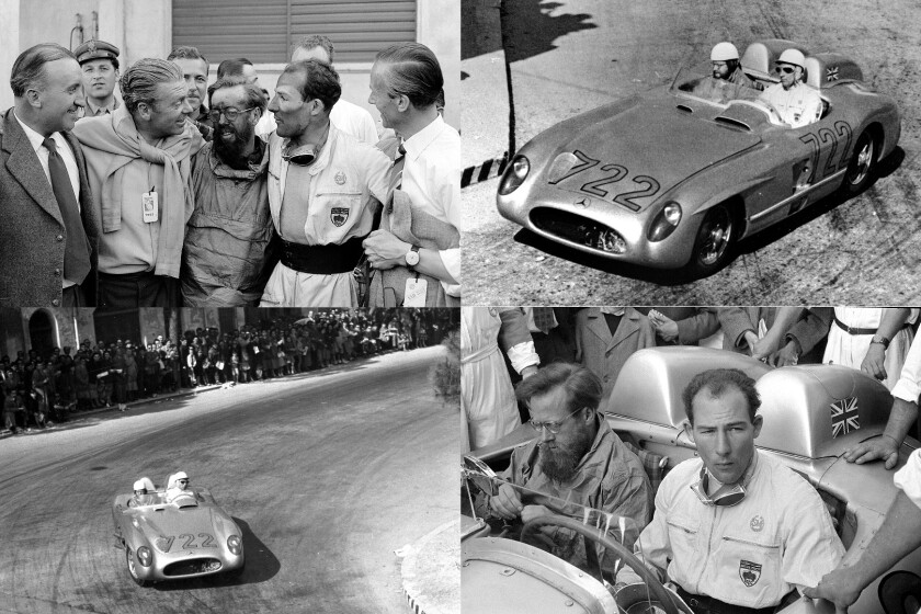 The winning car and team at top left with the car's designer Rudy Uhlenhaut, Denis Jenkinson and Stirling Moss in the centre of it all.