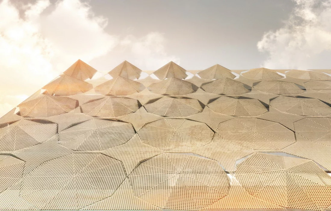 The new screen will feature steel umbrellas that can be individually opened and closed and used to manage light levels within the complex (Image: 3Gatti)