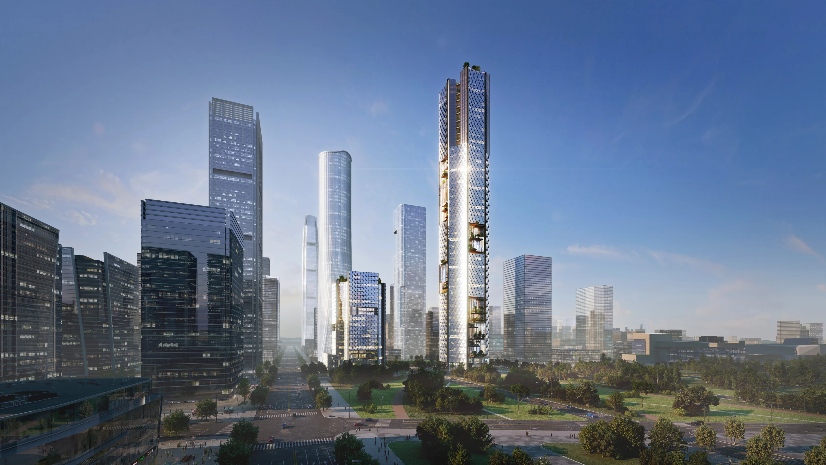 The Nanjing Nexus will rise to a maximum height of 350 m (1,148 ft)