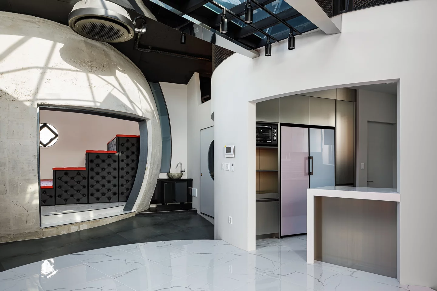 The interior design comprises various geometric elements