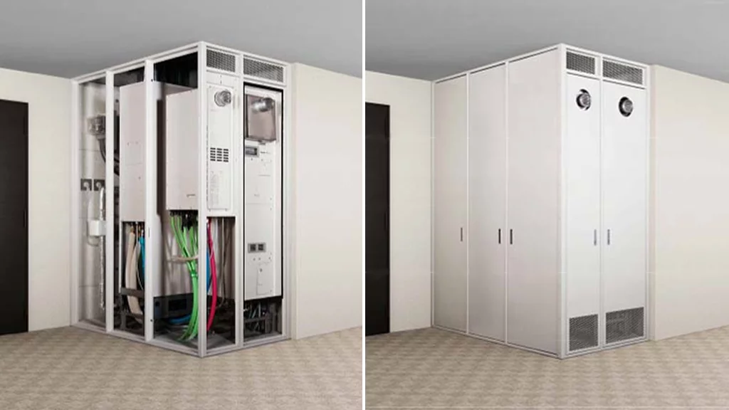 The new "Ene-Farm" home fuel cell installed in a condominium's pipe shaft with the fuel cell on the right, the backup heat source on the left and the hot water unit at the rear