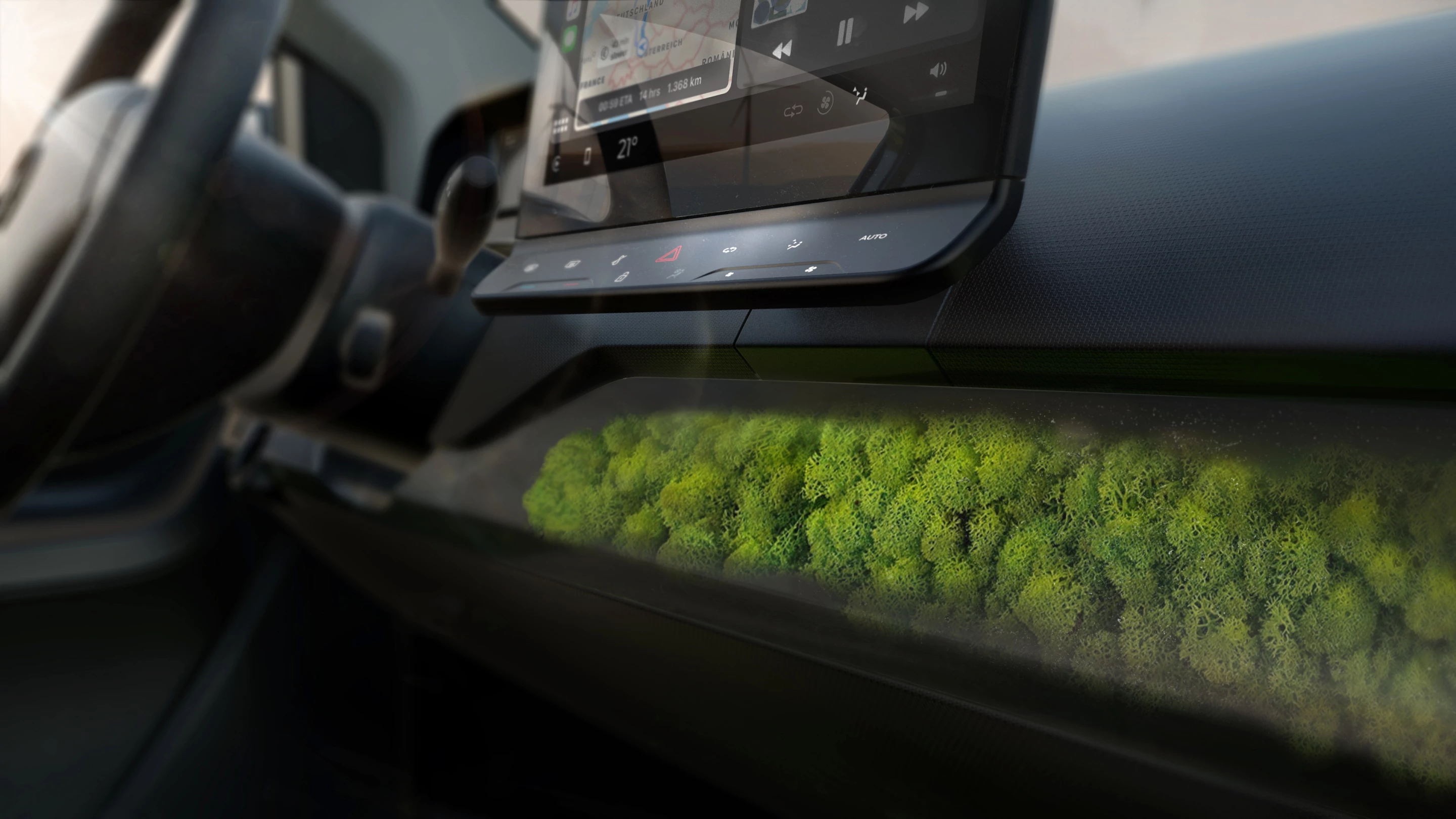 A 10-inch infotainment system display sits above a natural air filter inside the Sion