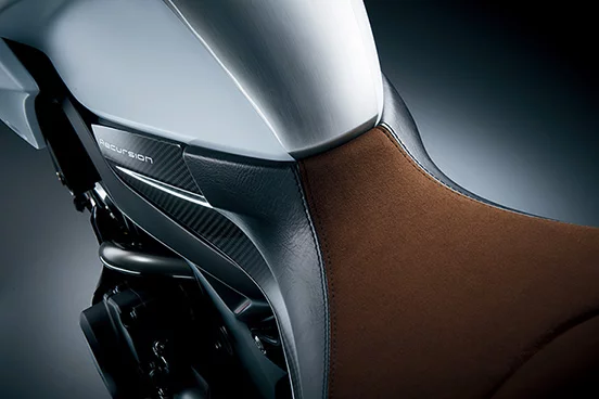 Now this is different and if the Recursion makes it to the production line, it'll be interesting to see if this features does too - it's a "haptic feedback pad integrated into the sides of the seat which works with the front-mounted camera to warn the rider when the system determines there is a high risk of collision"