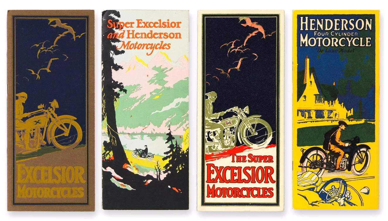 Excelsior and Henderson memorabilia is very popular, and sells at a premium at elite motorcycle auctions
