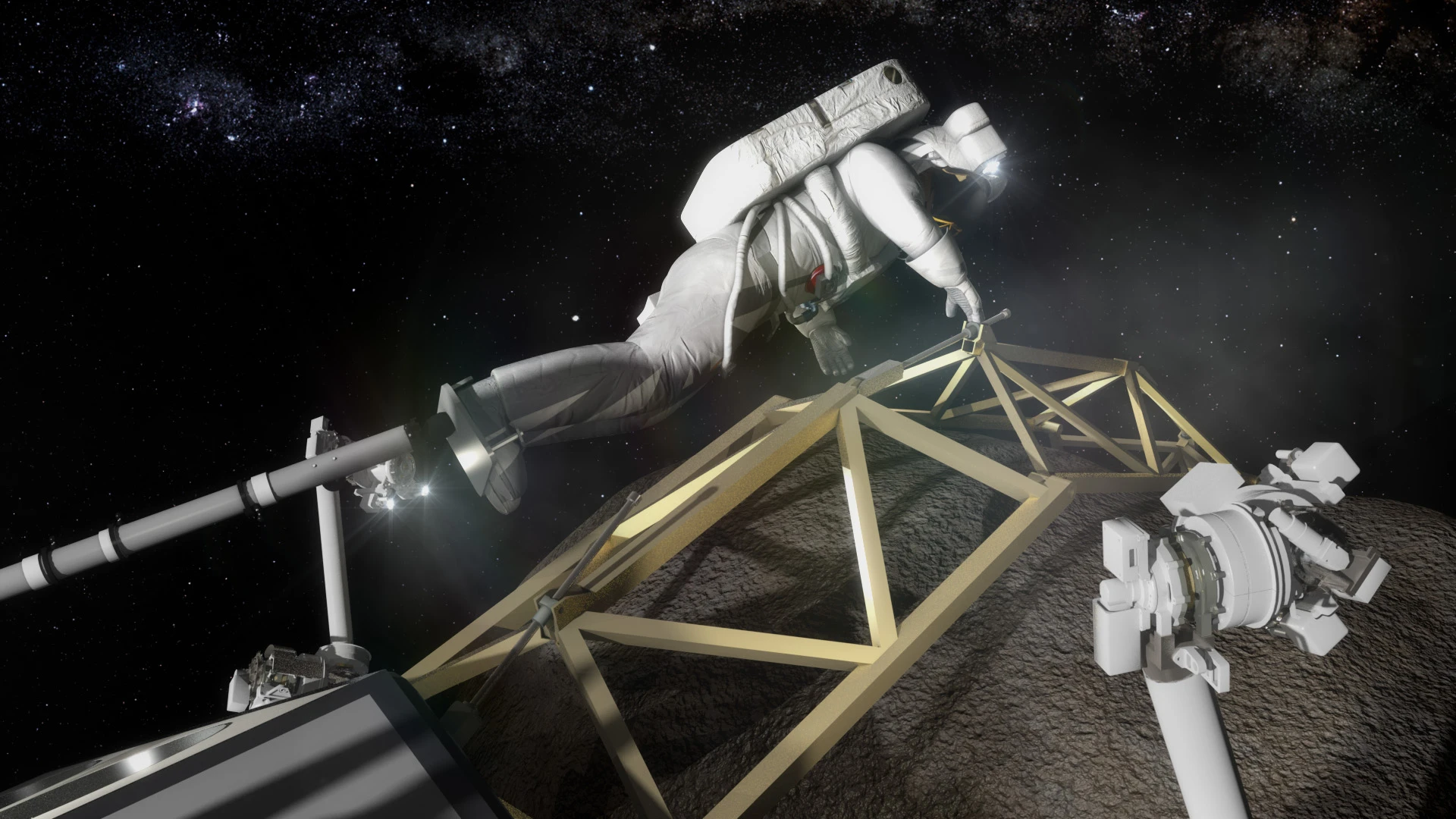Artist's concept of astronauts taking asteroid samples