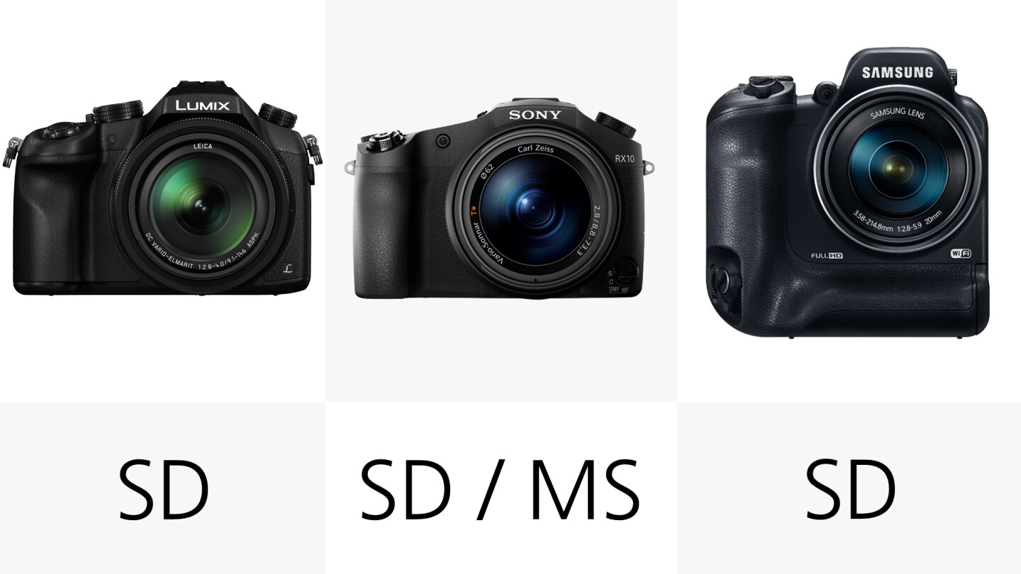 You can use SD/SDHC/SDXC memory cards with any of these, but the Sony RX10 also has the ability to accept Memory Stick Duo cards in its dual compatibility slot