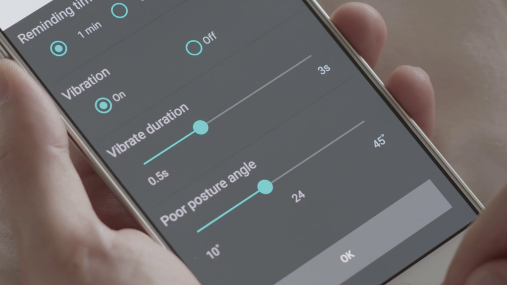 The Alex posture tracker companion app offers adjustable settings for personal coaching