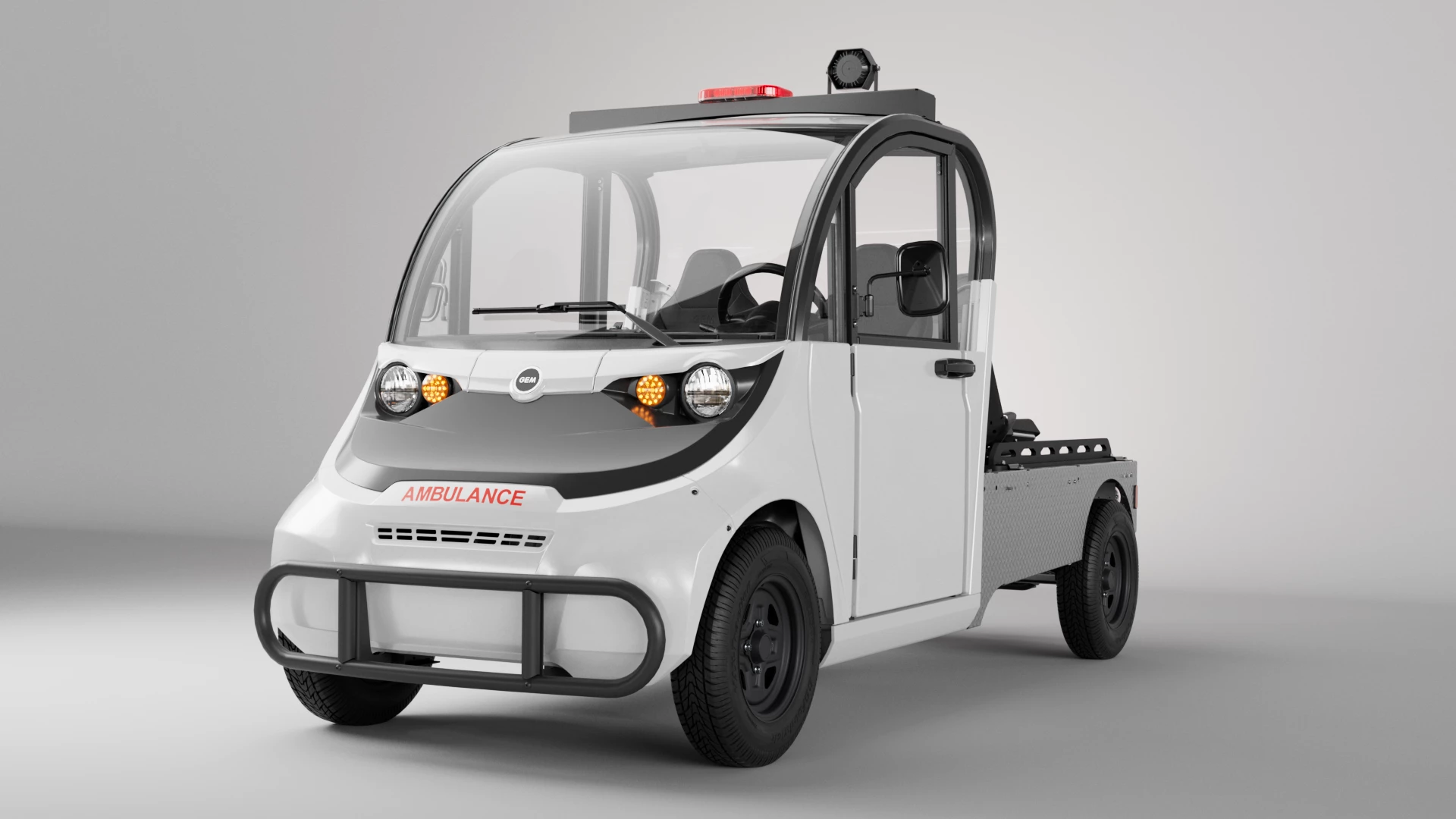 The GEM Ambulance has a top speed of 25 mph and a per-charge range of up to 86 miles, depending on battery configuration