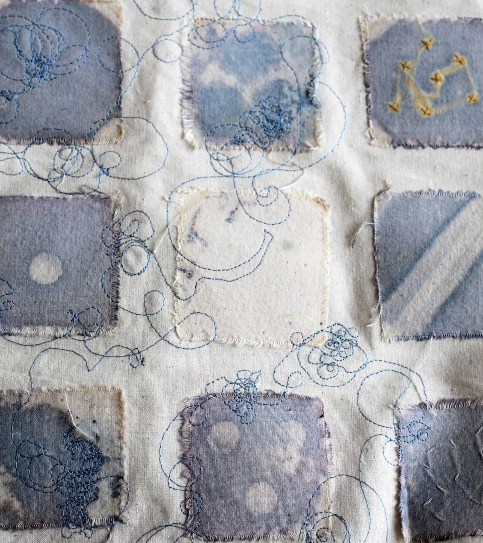 The MRSA Quilt by Anna Dumitriu is stained blue by Staphylococcus aureus bacteria. The patterns are then generated through the application of different antibiotics