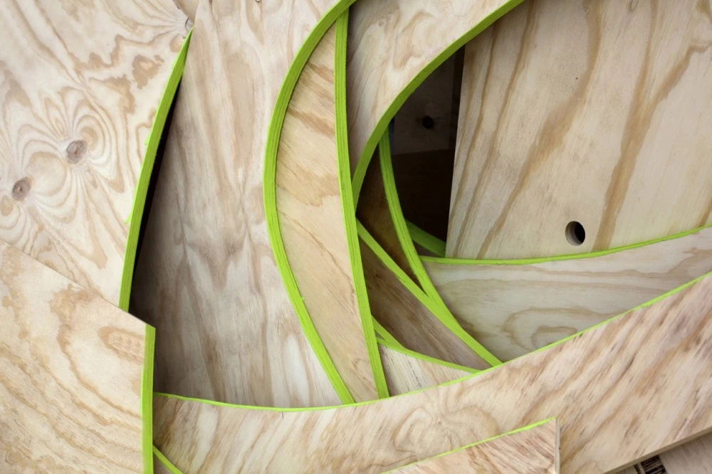 The base molecule is made out of plywood and can be easily shipped as a flat pack and later constructed for emergency shelter use (image by LAVA)