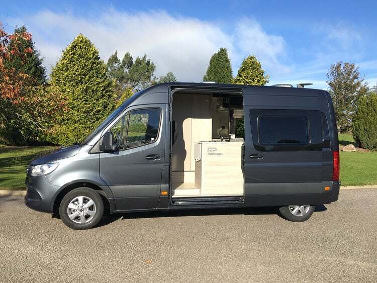RP fits the Sprinter with a well-equipped kitchen, bathroom (slide-out compartment optional), rear bed or convertible lounge and more