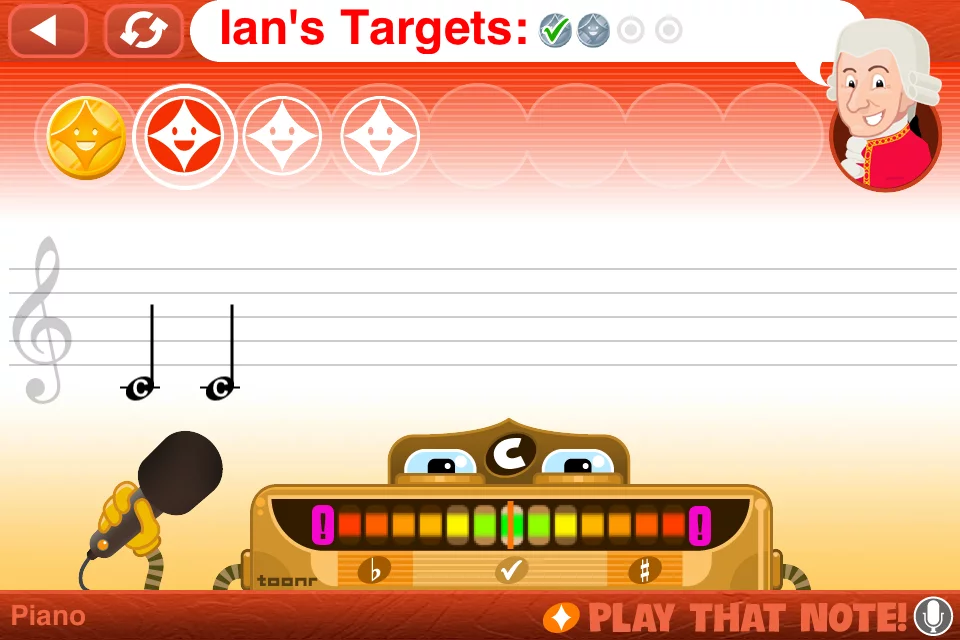 Screenshot of the Play That Note game which runs students through the first octave of a chosen instrument