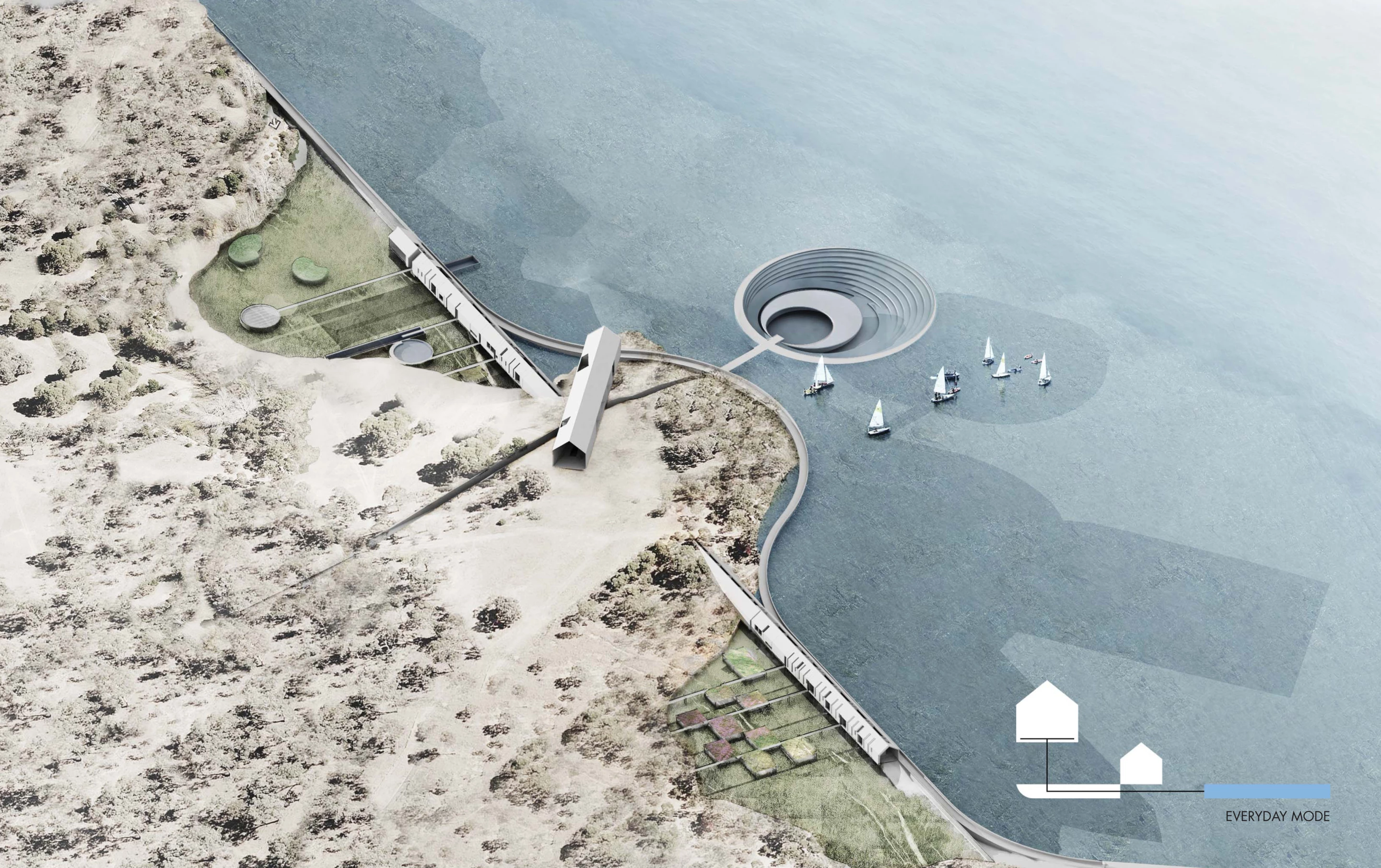 The ceremonial space is revealed by displacing the water within and flooding the land