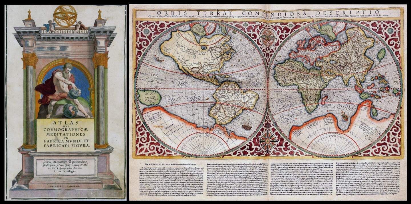 The first atlas to be so called. The first four parts had been published between 1585 and 1589 (see previous lot). To these were added a fifth and final part, Atlantis pars altera, published in 1595, a year after Mercator's death, and overseen by his son Rumold. This part includes maps of the world and the continents. The complete atlas was dedicated to Queen Elizabeth. The whole was preceded by the famous engraved general title-page showing Atlas measuring the world with a pair of dividers. Interestingly, Mercator refers to Atlas, King of Mauretania (now Morocco), a mathematician and philosopher who is generally credited with having made the first celestial globe, not the mythical Greek god Atlas whose punishment was to carry the world and heavens on his shoulders.