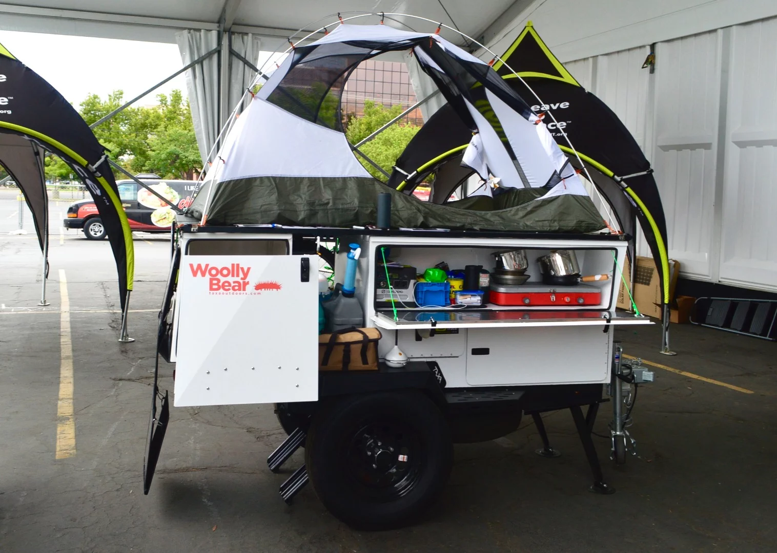 The door to the long storage area also serves as a kitchen counter