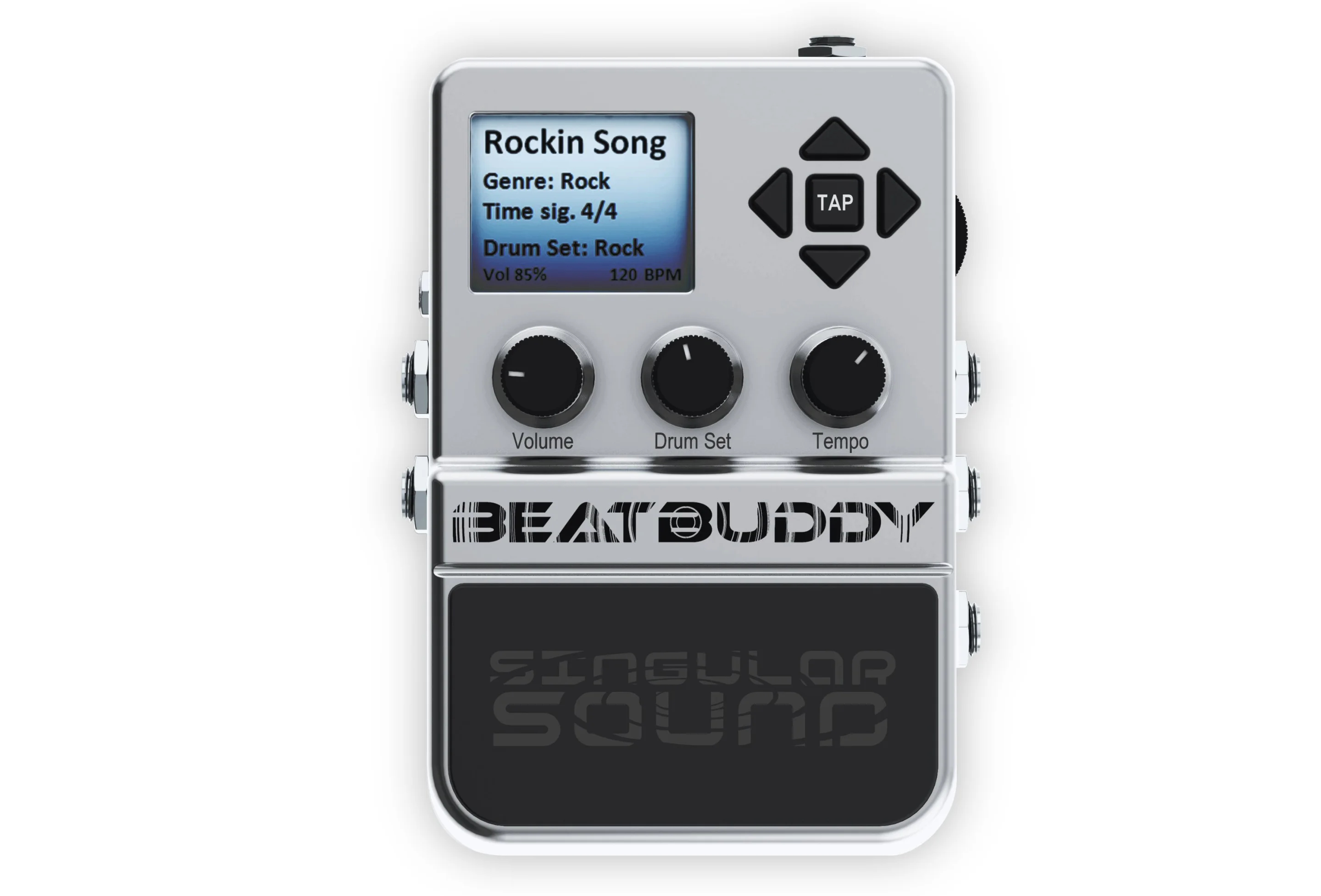 A 1.8-inch color LCD display on the face displays the selected songs, kits, time signature and volume level