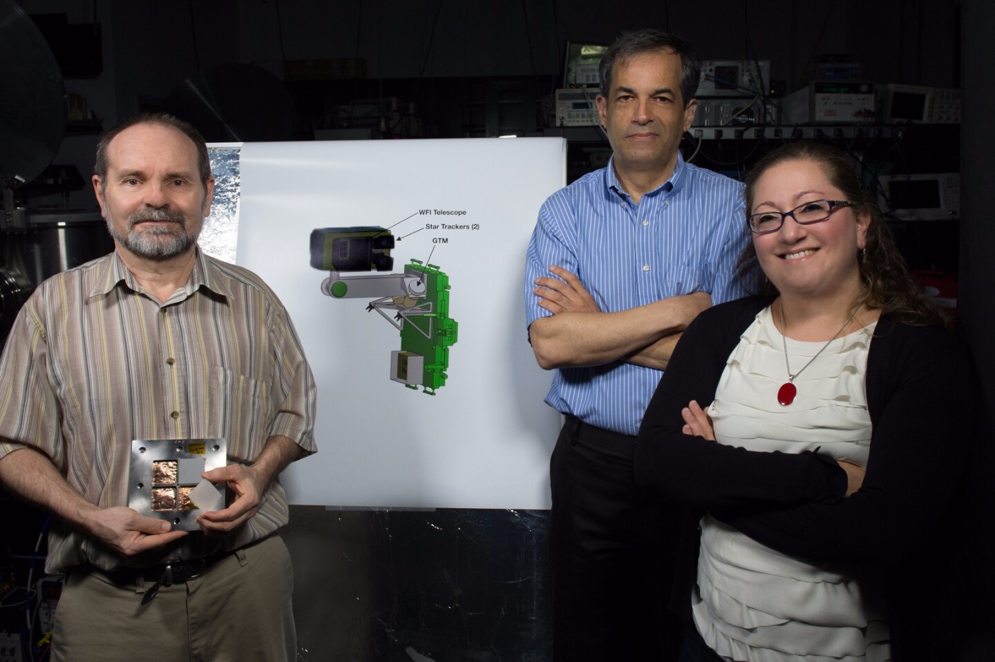 Goddard Principal Investigator Jordan Camp (center) and Co-Investigator Judy Racusin with Deputy Principal Investigator Scott Barthelmy (left) holding the micro-channel optic