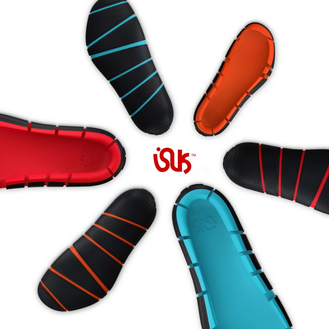 The flip-shoes come in red, orange or blue mixed with black