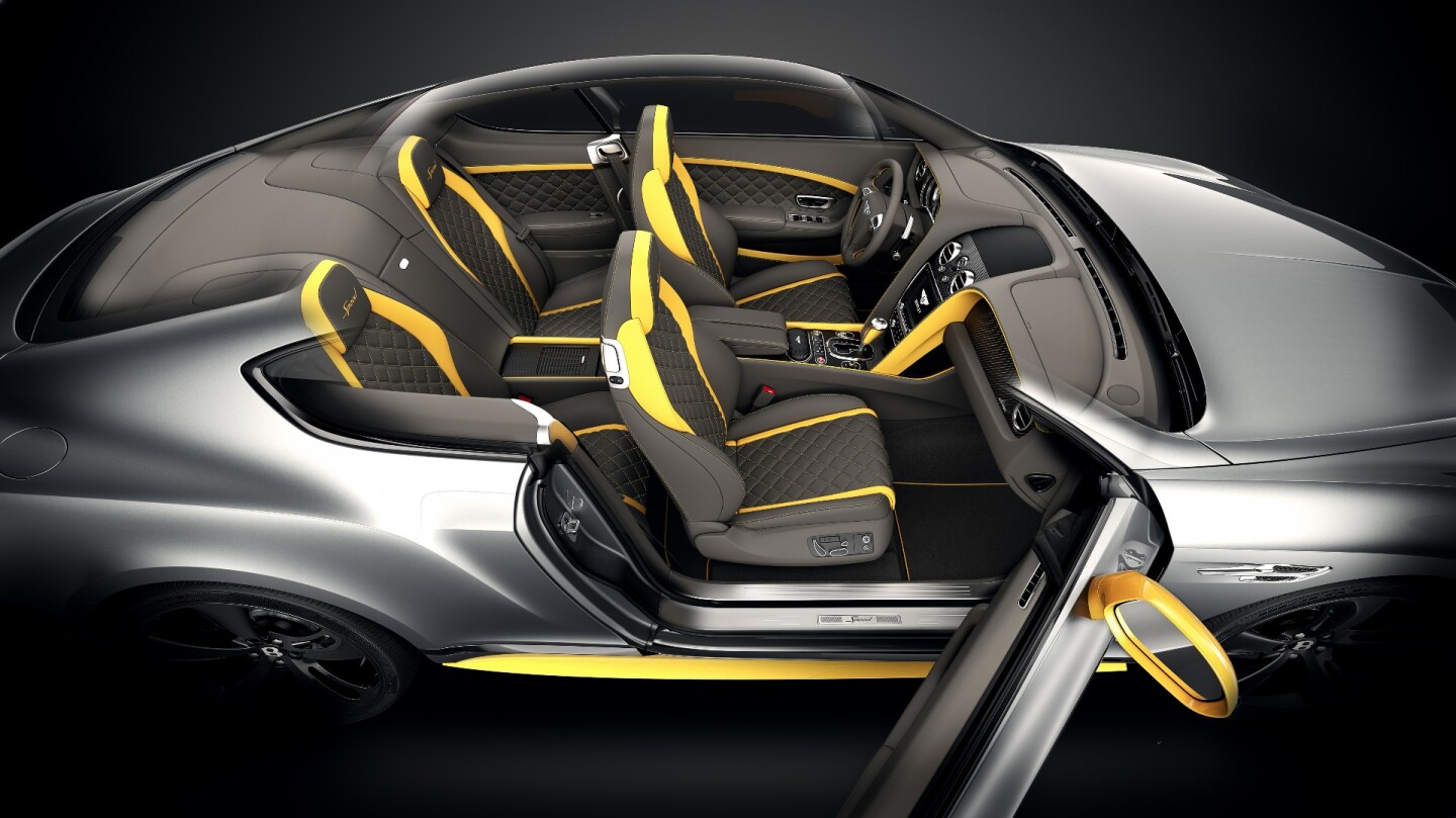 Inside cutaway of Bentley Continental GT Speed with yellow contrast