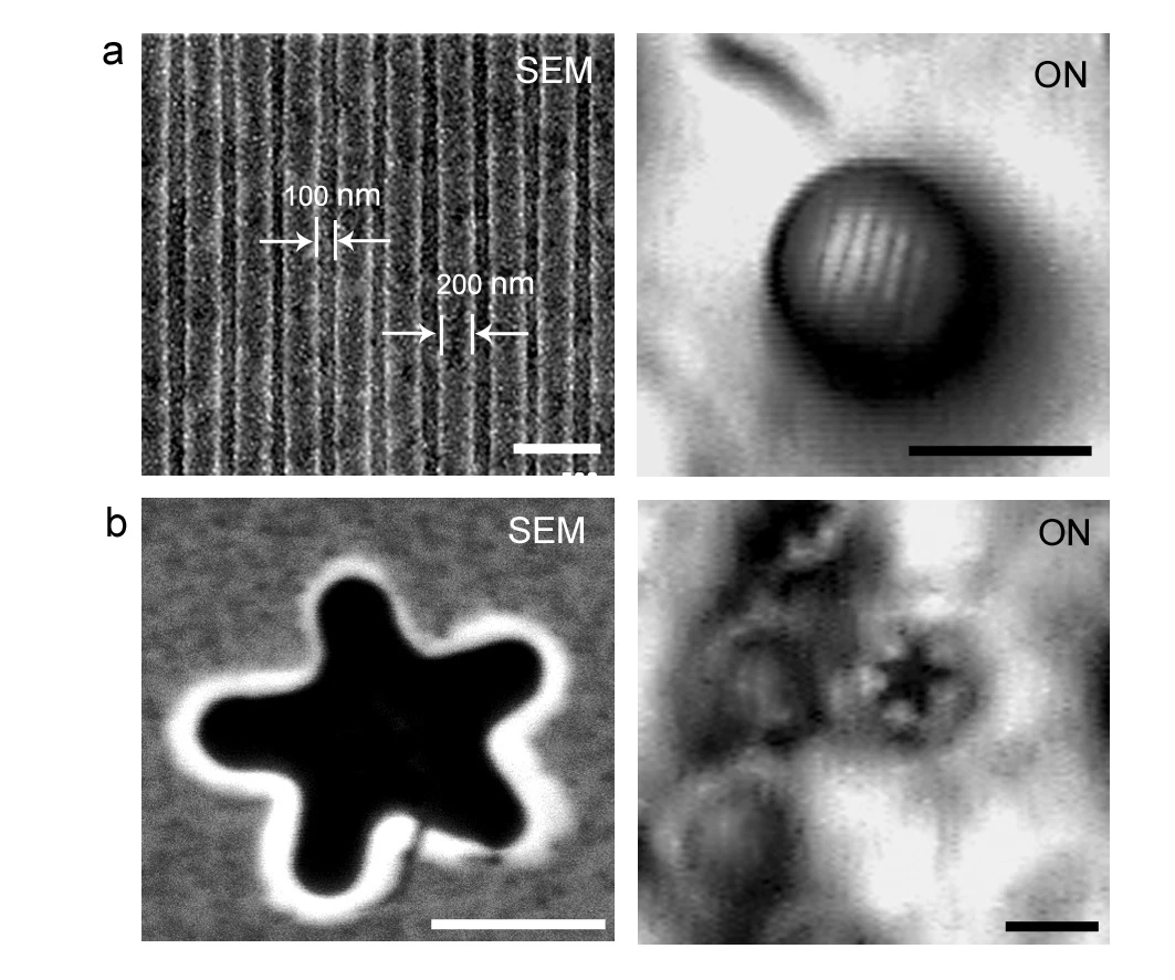 a) Microsphere superlens reflection mode imaging of a commercial Blu-ray DVD disk, and b) reflection mode imaging of a star structure made on a DVD disk (Image: University of Manchester)