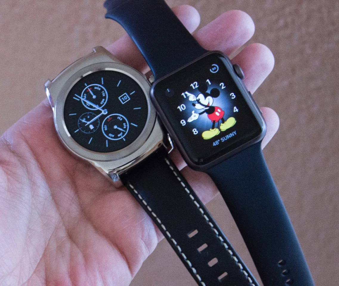 The LG Watch Urbane has a stainless steel body, while the Apple Watch Sport we handled has an aluminum one (steel and gold versions are also available)