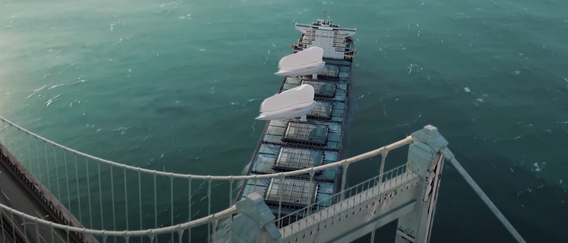 At the push of a button, the wing sails lower to navigate bridge or raise to take advantage of wind on the open water