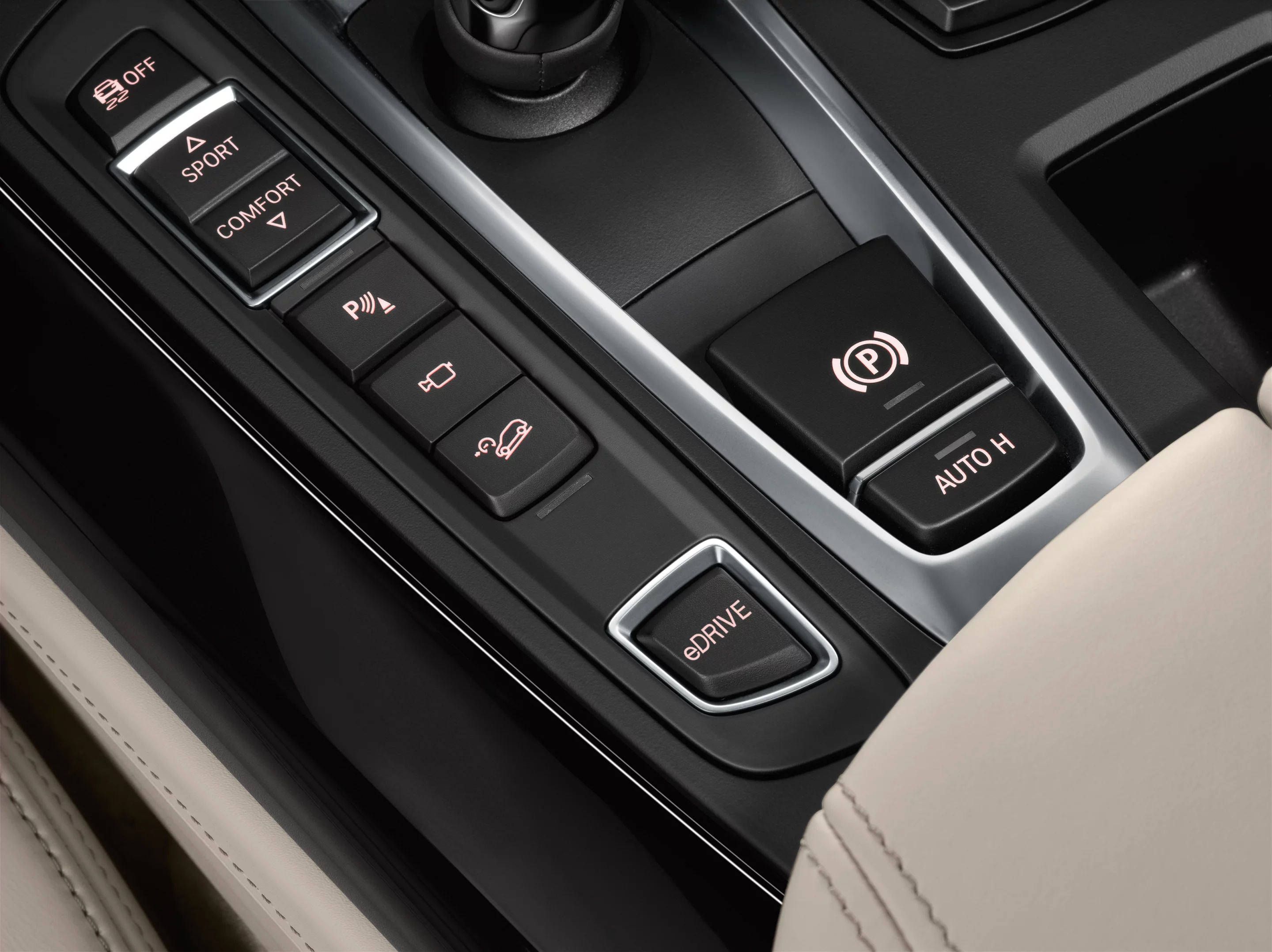 The center console, where different drive modes can be selected