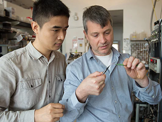 Prof. James Hone (right) and postdoctoral fellow, Lei Wang (Photo: Jane Nisselson)