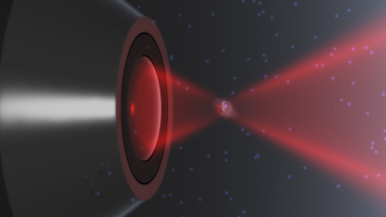 A rendering of a nanoparticle trapped in a laser and in thermal non-equilibrium (Image: Iñaki Gonzalez and Jan Gieseler)
