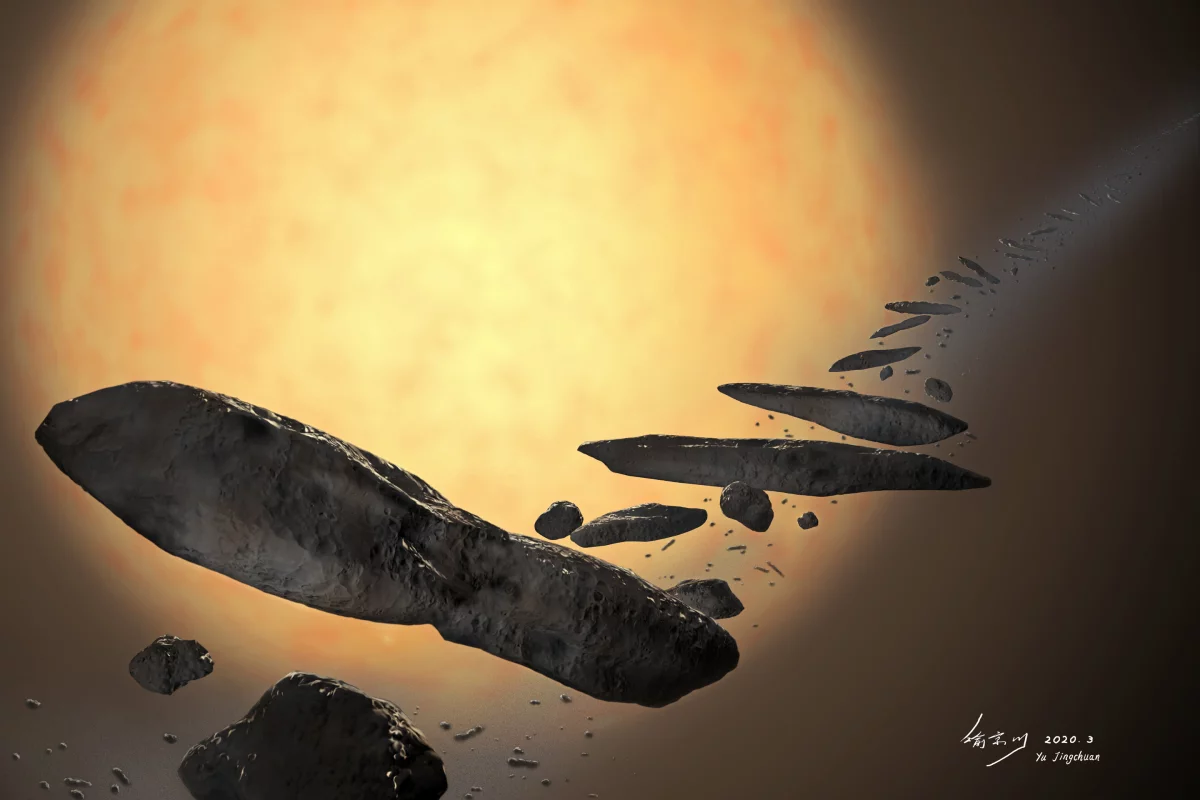 An artist's impression of how 'Oumuamua may have formed from a planet being torn apart by a star