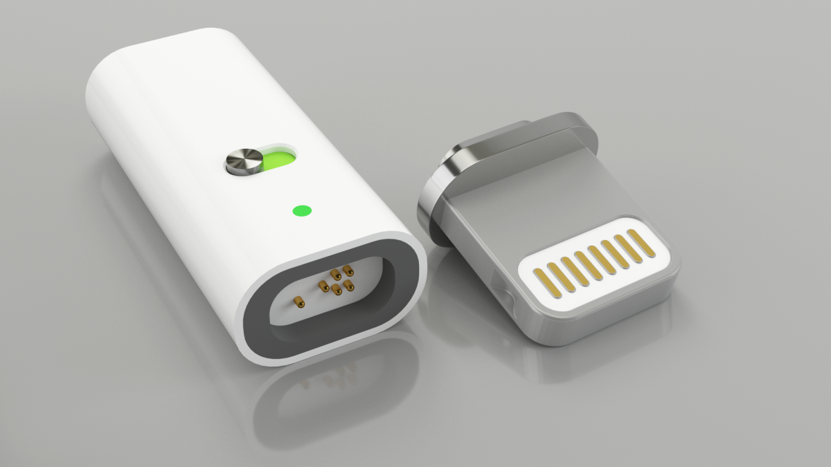 The MuConnect's pin section fits into a device's charging port and its connector slots onto the charger itself