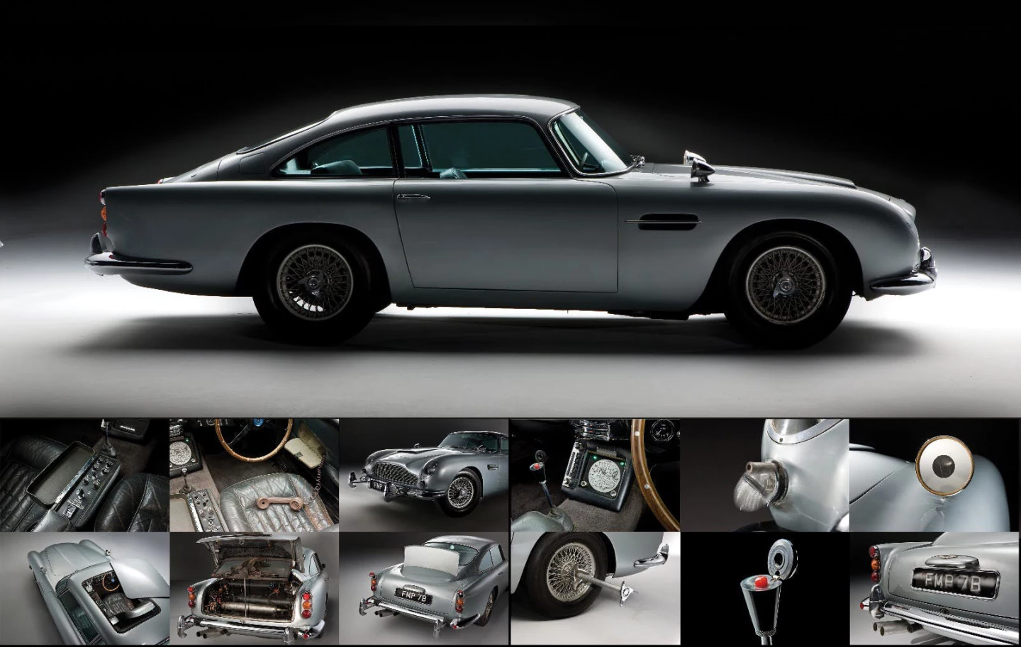 Possibly the most famous automobile in the world during the 1960s when Ian Fleming's books became consecutive movie blockbusters, the highly-modified 1964 model Aston Martin DB5 was presented in the movie Goldfinger by gadgetmeister Q (Desmond Llewelyn) to Bond (Sean Connery) complete with .30 calibre Browning machine guns behind the front indicators, retractable tire slashers, a retractable rear bullet proof screen, a radio telephone concealed in the door, a radar scanner with a tracking screen in the cockpit, a passenger ejector seat, an oil slick and smoke screen generator and revolving number plates.